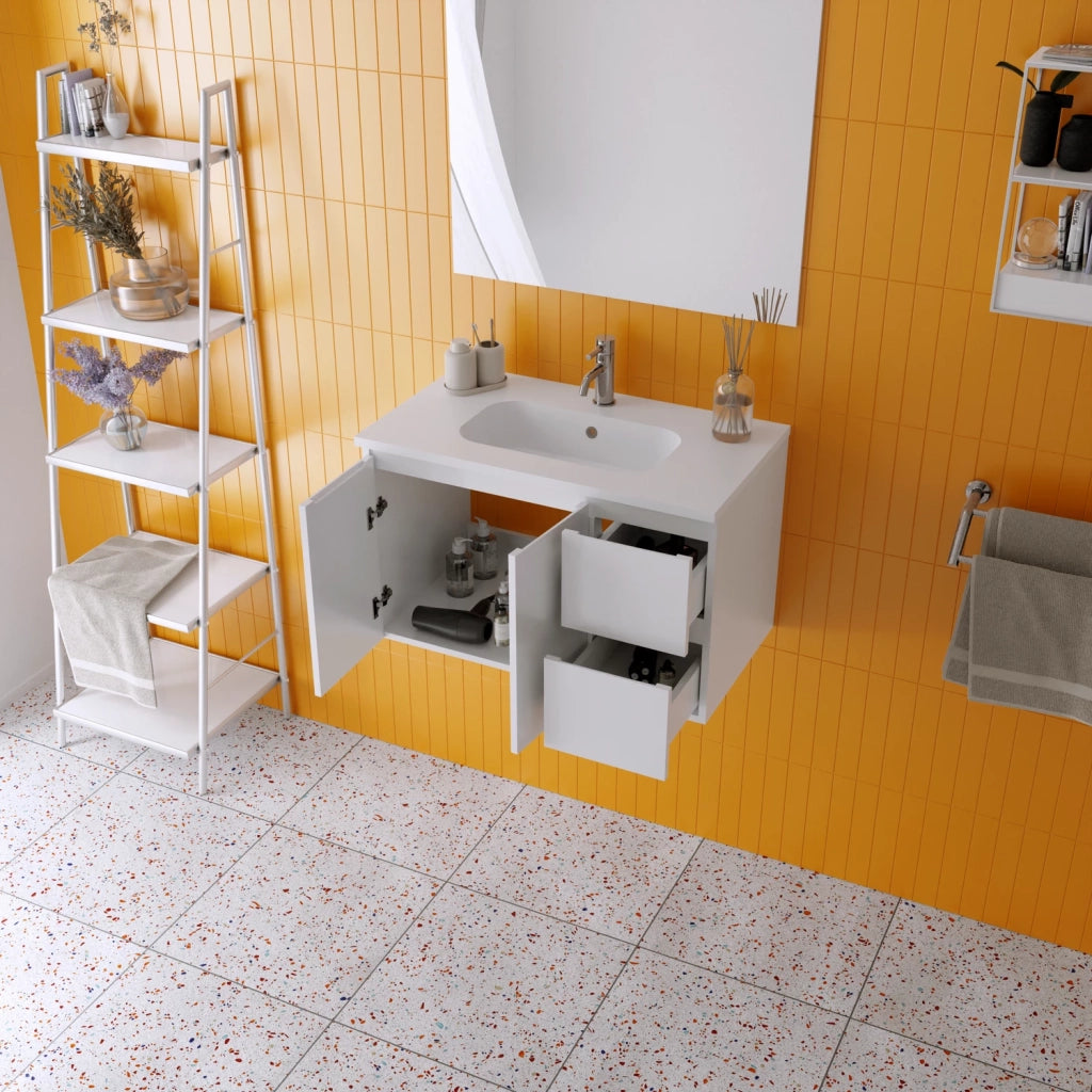 Mobile da bagno sospeso 80cm bianco lucido con lavabo e specchio | Rata