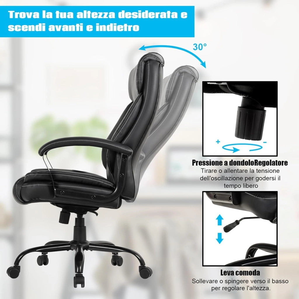 Poltrona da Ufficio Ergonomica Girevole, Sedia per Ufficio Regolabile con Poggiatesta Supporto Lombare e Braccioli, in Spugna Imbottita, Nera