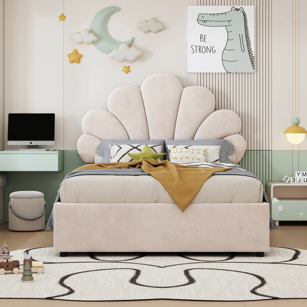 Letto Contenitore 90 x 200 cm; Letto Singolo con Testiera Regolabile e Vano Idraulico; senza Materasso; Beige