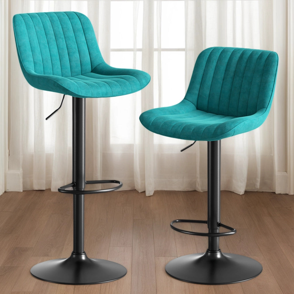 Set di 2 Sgabelli da Bar Girevoli e Regolabili in Altezza con Schienale; Metallo; Legno e Velluto; Blu