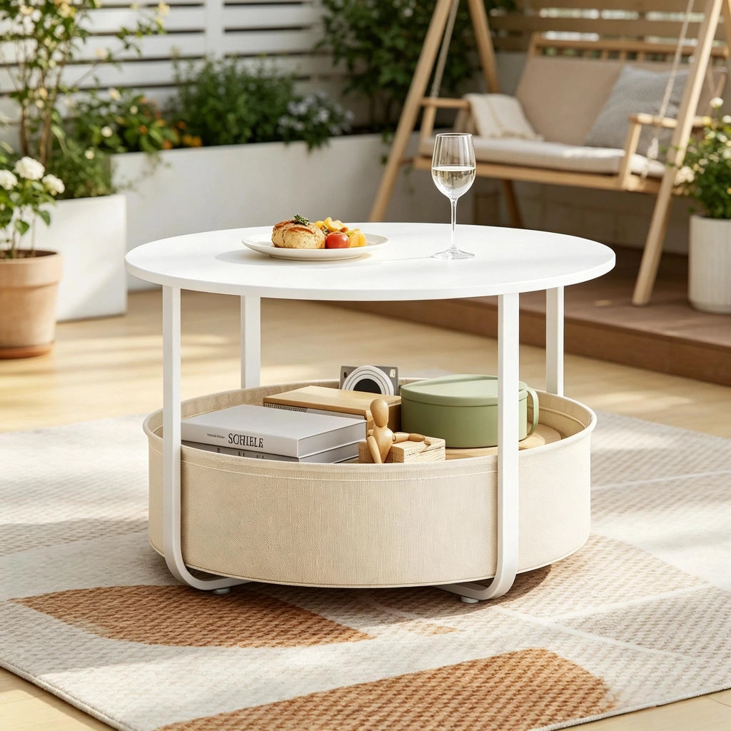 Tavolino basso rotondo con cestino in tela, struttura in metallo, per soggiorno e salotto, beige e bianco, Ø 80 × 50 cm