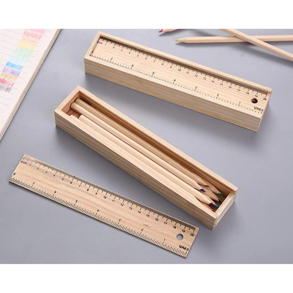 Trade Shop - Astuccio In Legno Con 12 Pastelli Colorati Temperino Righello Riga Portapastelli -