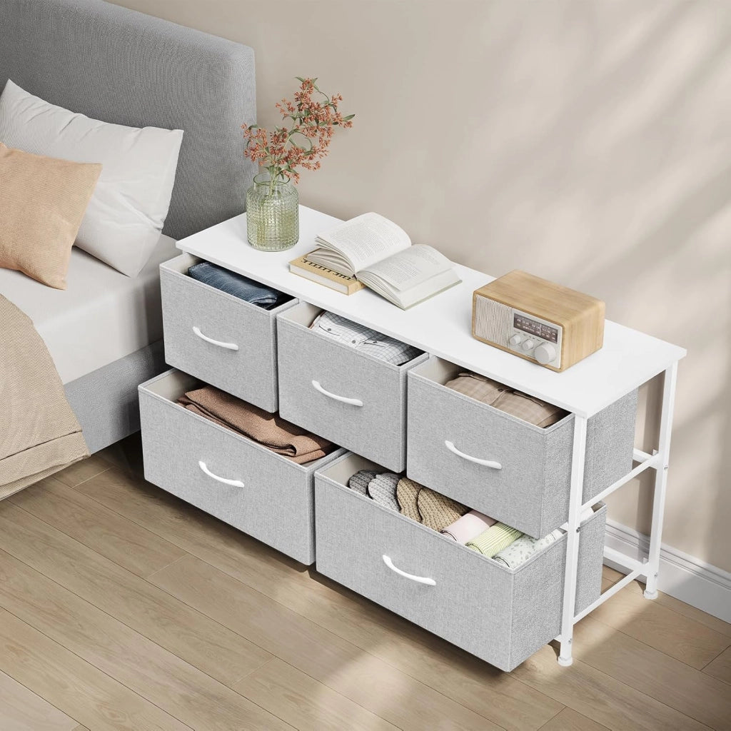 Cassettiera Camera da Letto, Cassettiera con 5 Cassetti a 2 Livelli in Tessuto, Mobile con Cassetti Industriale, Struttura in Metallo e Legno, Grigio Tortora + Bianco Nuvola
