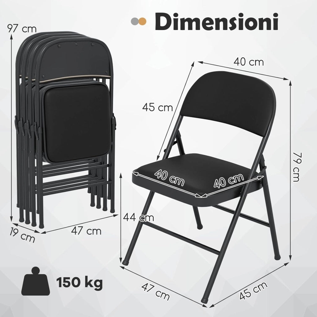 Set di 4 Sedie Pieghevoli, Sedia per Interno ed Esterno con Struttura in Metallo, Sedie Impilabili in Artificiale PVC, Portata 150kg, Sdraio Imbottite da Pranzo per Feste e Matrimoni (4)