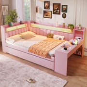 Letto imbottito 140x200 cm con LED; USB; letto estraibile e scrivania in lino rosa