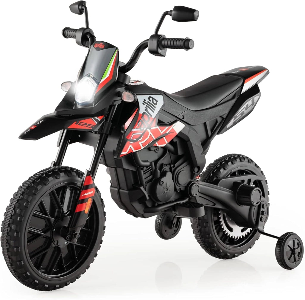12V Aprilia Moto Cavalcabile per Bambini, Motocicletta Elettrica con Ruote Ausiliarie e Musica Wireless, Sospensione a Molla, Moto Elettrica alla Moda per Bambini 3-8 Anni (Rosso)