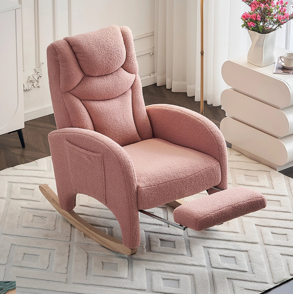 Sedia a dondolo 66x125x101 cm con poggiatesta e poggiapiedi pieghevole in teddy rosa