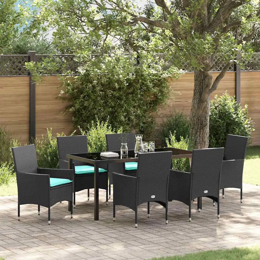 Set di tavolo e sedie con cuscino 7 pcs Nero Rattan in PE