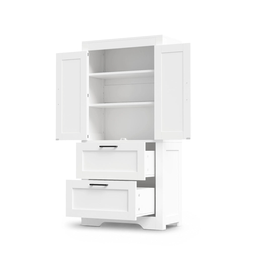 Credenza alta in stile rustico con ante effetto fienile, 2 cassetti, ripiani regolabili, colore bianco