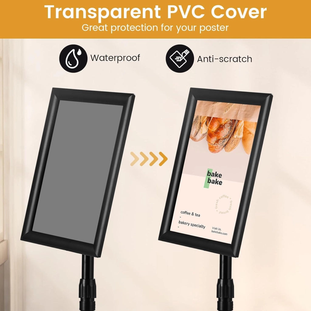 Supporto per poster A4, set di 2 espositori con rotazione a 360°, altezza regolabile 74-118 cm, base ponderata, pannello per menu, matrimonio, ristorante (nero, 2)