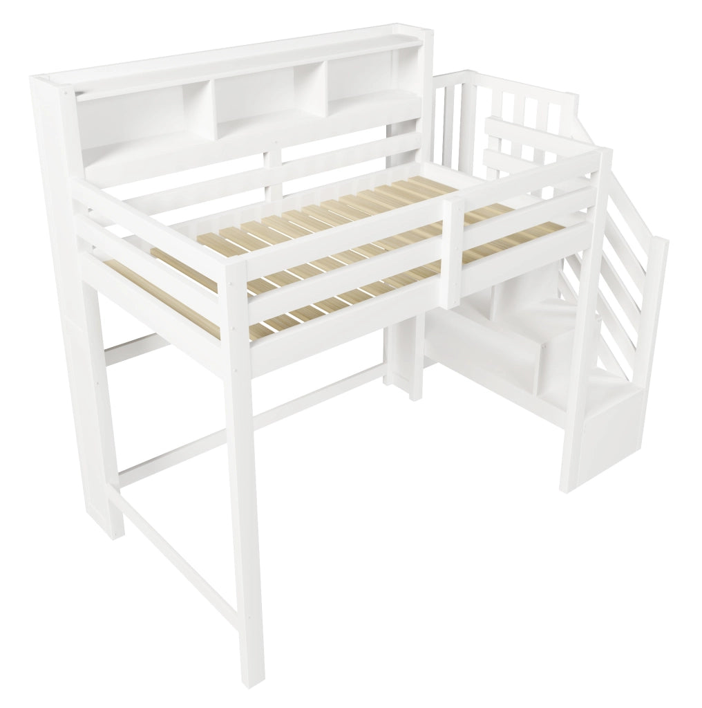 Letto a soppalco 90x200 cm con LED, scala contenitore e ampio spazio inferiore