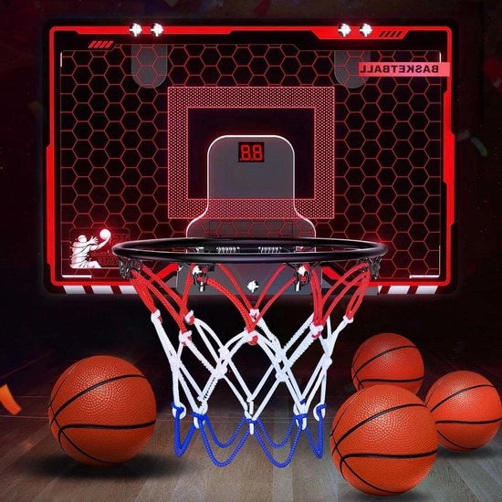 Corazza da mini pallacanestro per la camera - Giochi sportivi per bambini di 4-9 anni - 4 palloni con illuminazione LED - Punteggio automatico - Attrezzo da pallacanestro per interni - Regalo di pallacanestro per bambini.