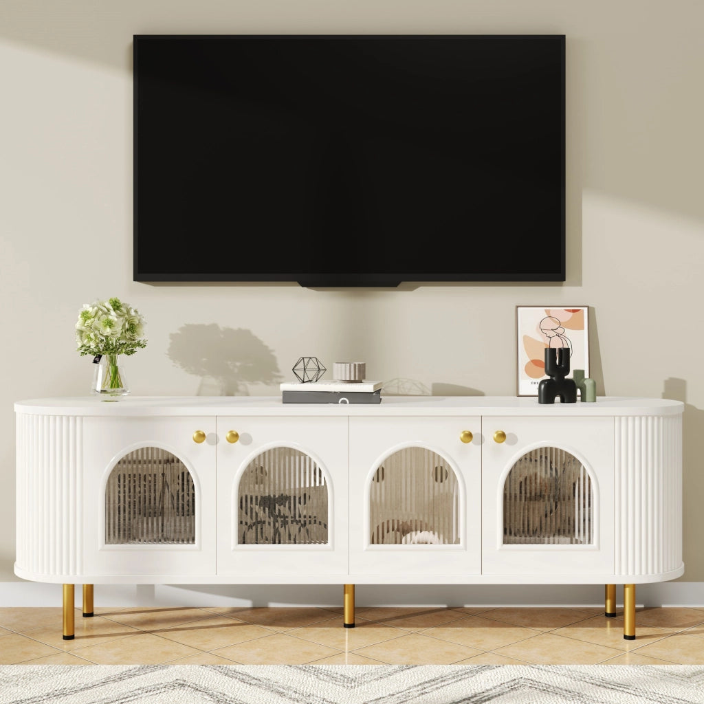 Mobile TV 170x35x55 cm; ante in vetro e passacavi; MDF bianco oro