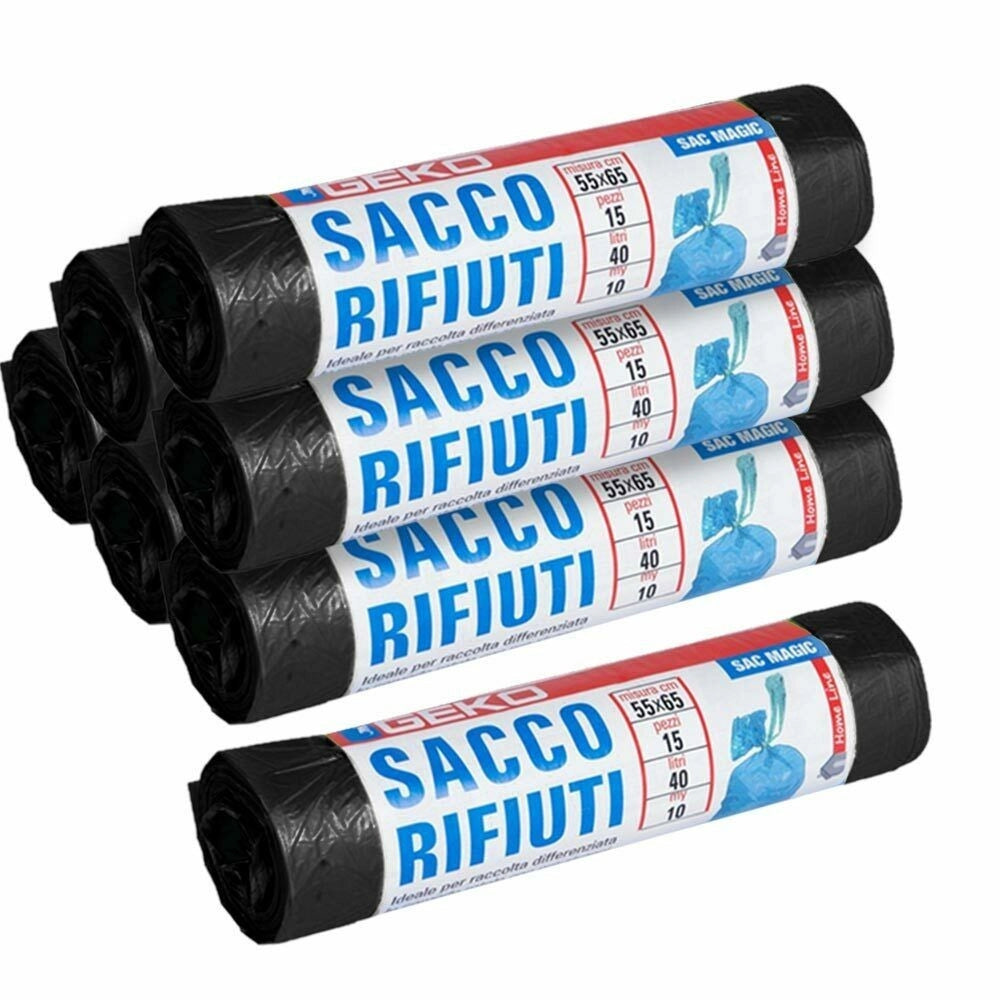 Trade Shop - 7 X Rotoli Sacchetti Buste Spazzatura 40lt 55x65cm Chiusura Laccetto Nero 105pz -