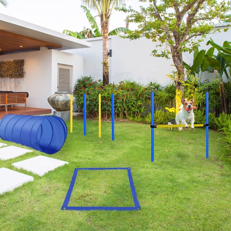 Giochi da arrampicata set agility per cani con tunnel 4 bastoni slalom e ostacoli portatile in poliestere giallo