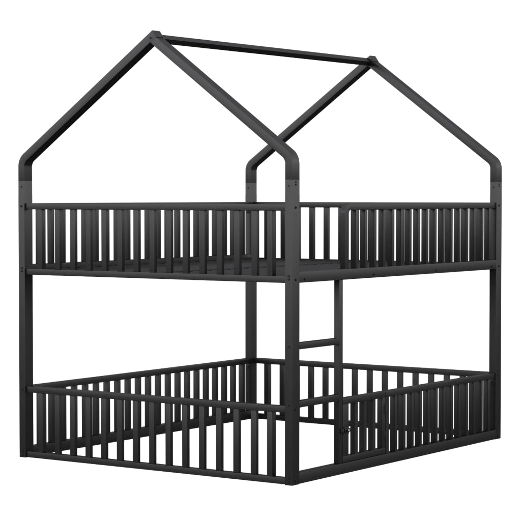 Letto a castello in metallo 140x200 cm con scala frontale; struttura a casetta; nero