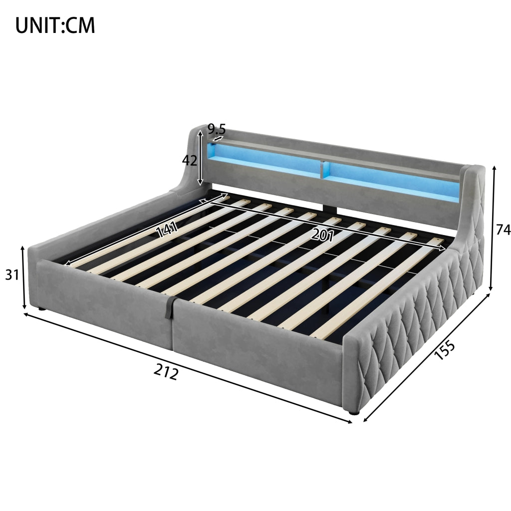 Letto Singolo 140x200 cm con Contenitore; LED Multicolore; in Flanella; Grigio