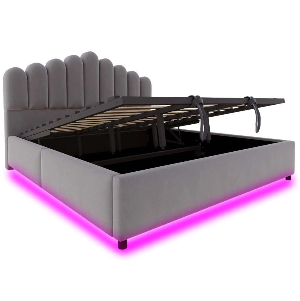 Letto imbottito 180x200 cm con contenitore idraulico e LED in velluto grigio