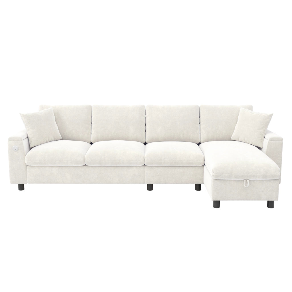 Divano letto angolare con contenitore e tavolino ribaltabile in ciniglia beige