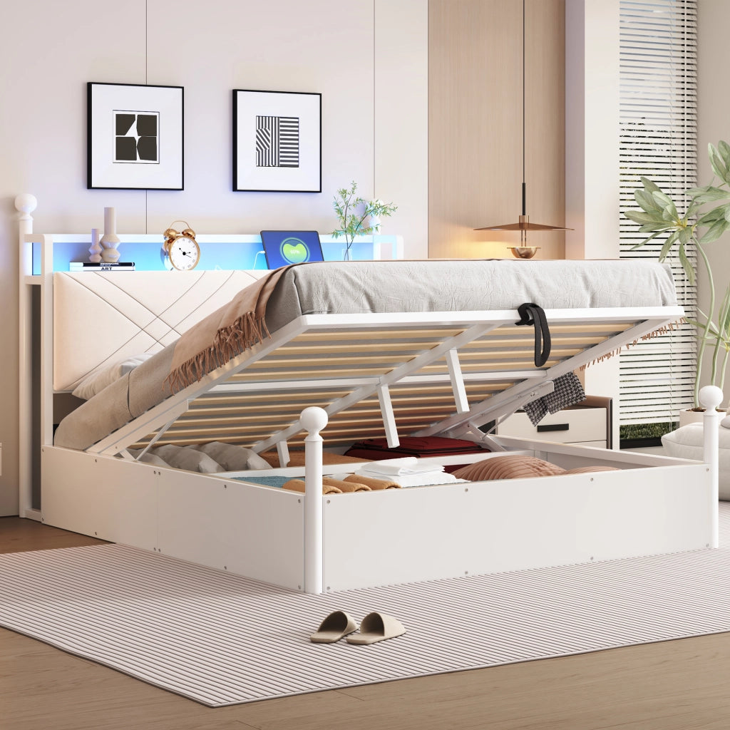 Letto contenitore 140 × 190 cm con baldacchino rimovibile, LED, USB e Type-C, senza materasso, bianco