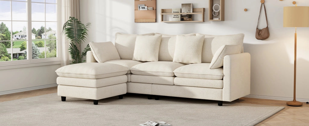 Divano angolare a 3 posti in ciniglia con chaise longue mobile, 4 cuscini e 3 schienali beige 212 × 150 × 90 cm