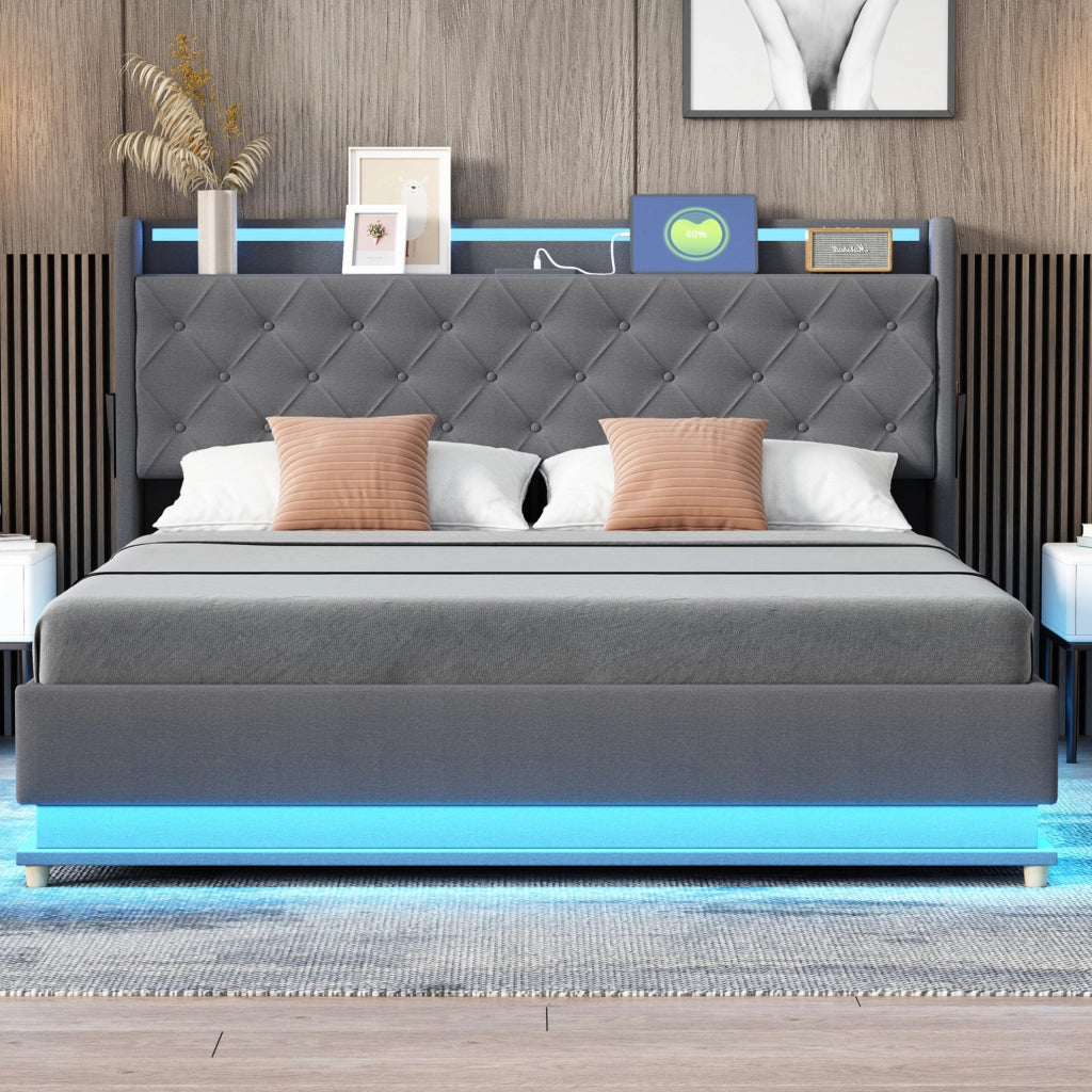 Letto imbottito LED 160x200 cm con USB e vano contenitore grigio