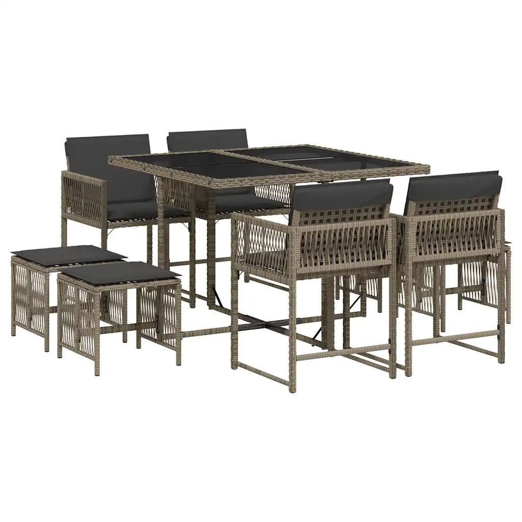 Set da Pranzo da Giardino 9 pz con Cuscini in Polyrattan Grigio