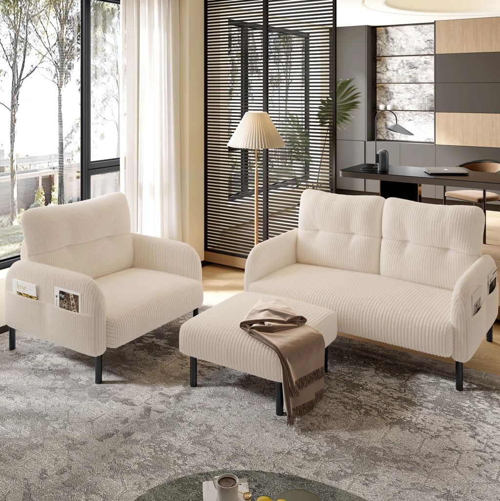 Poltrona singola in corduroy beige con tasca laterale; struttura in metallo; 67x75x79 cm