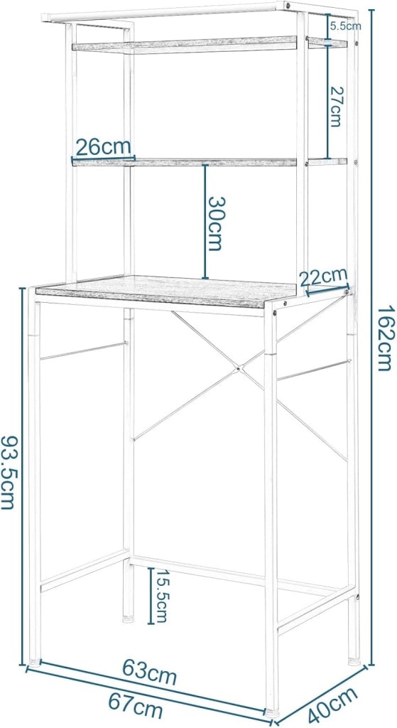 Scaffale sopra Lavatrice a 3 Livelli, Mobile sopra WC Autoportante con Asta di Sospensione, per Bagno o Lavanderia, Rovere Chiaro e Bianco, 67x40x162 cm