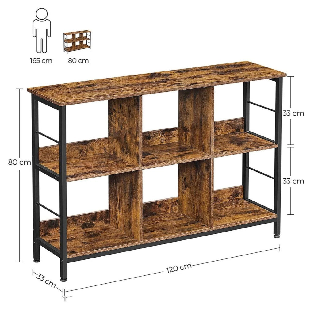 Libreria a 6 scomparti mobile contenitore aperto libreria orizzontale per ufficio soggiorno camera da letto 120 x 33 x 80 cm stile industriale marrone rustico e nero 12_0001469