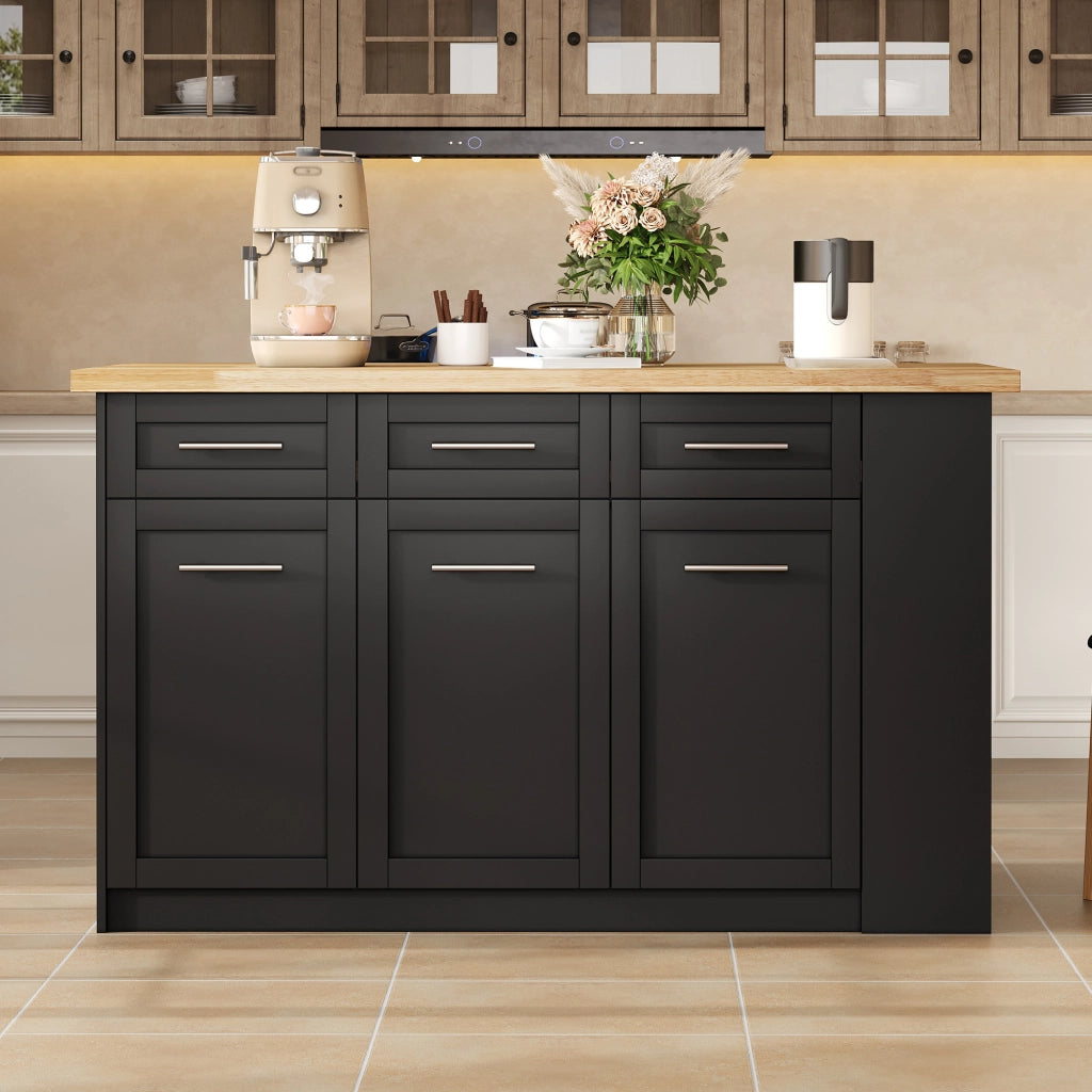 Isola da Cucina 150/246x90x90 cm Nera e Legno Naturale con Tavolo Estraibile 96 cm; 6 Cassetti e Ripiani