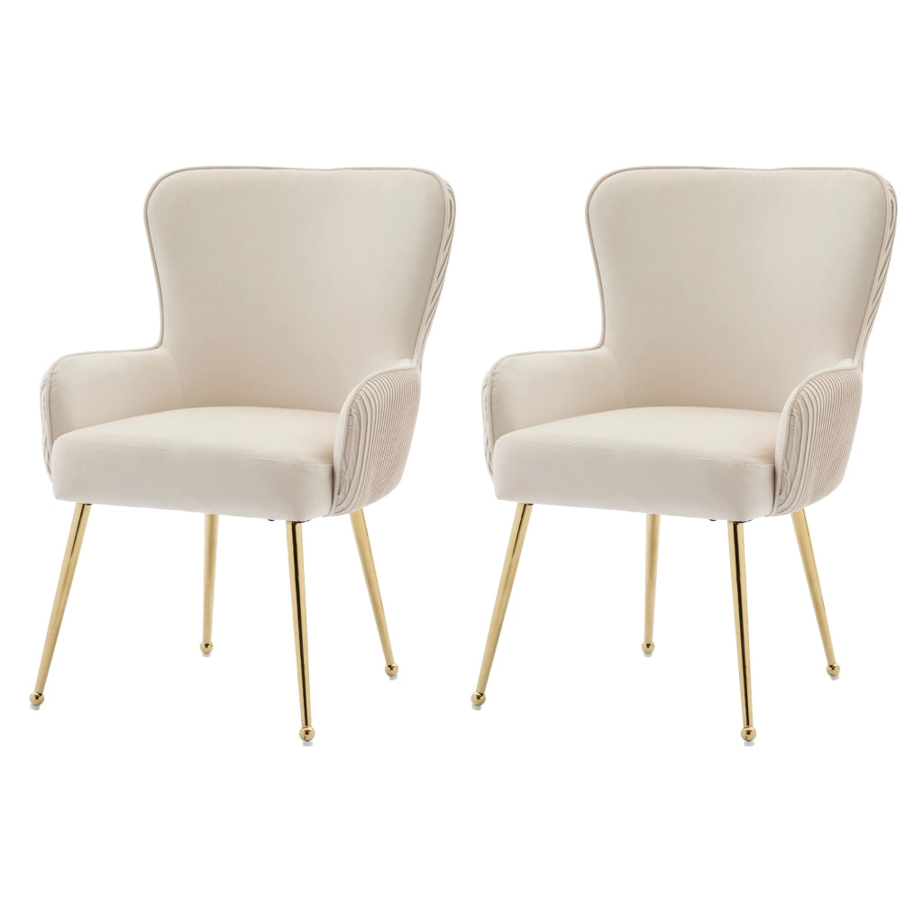 Sedia da pranzo in velluto beige e oro, set 2 pezzi, con braccioli, supporto lombare e gambe in metallo regolabili