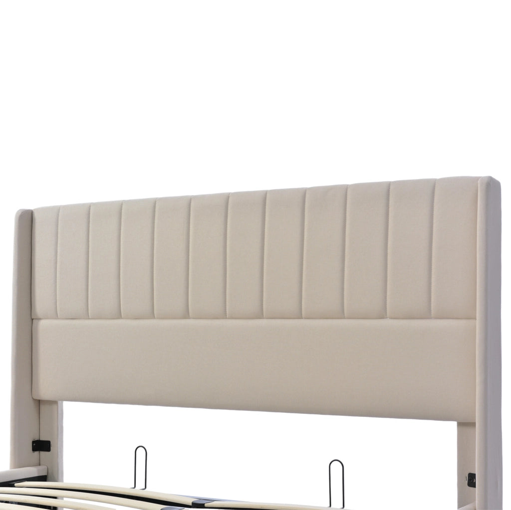 Letto matrimoniale con contenitore 140x200 cm in lino beige; testiera imbottita e rete sollevabile