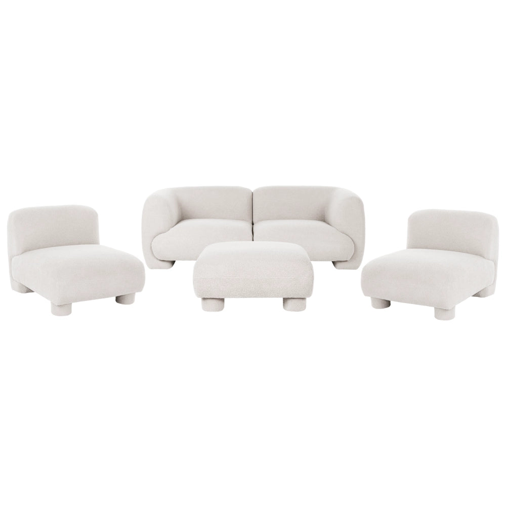 Set da salotto 4 posti con pouf, modulare dal profilo ribassato in stile organico e curvo bianco sporco