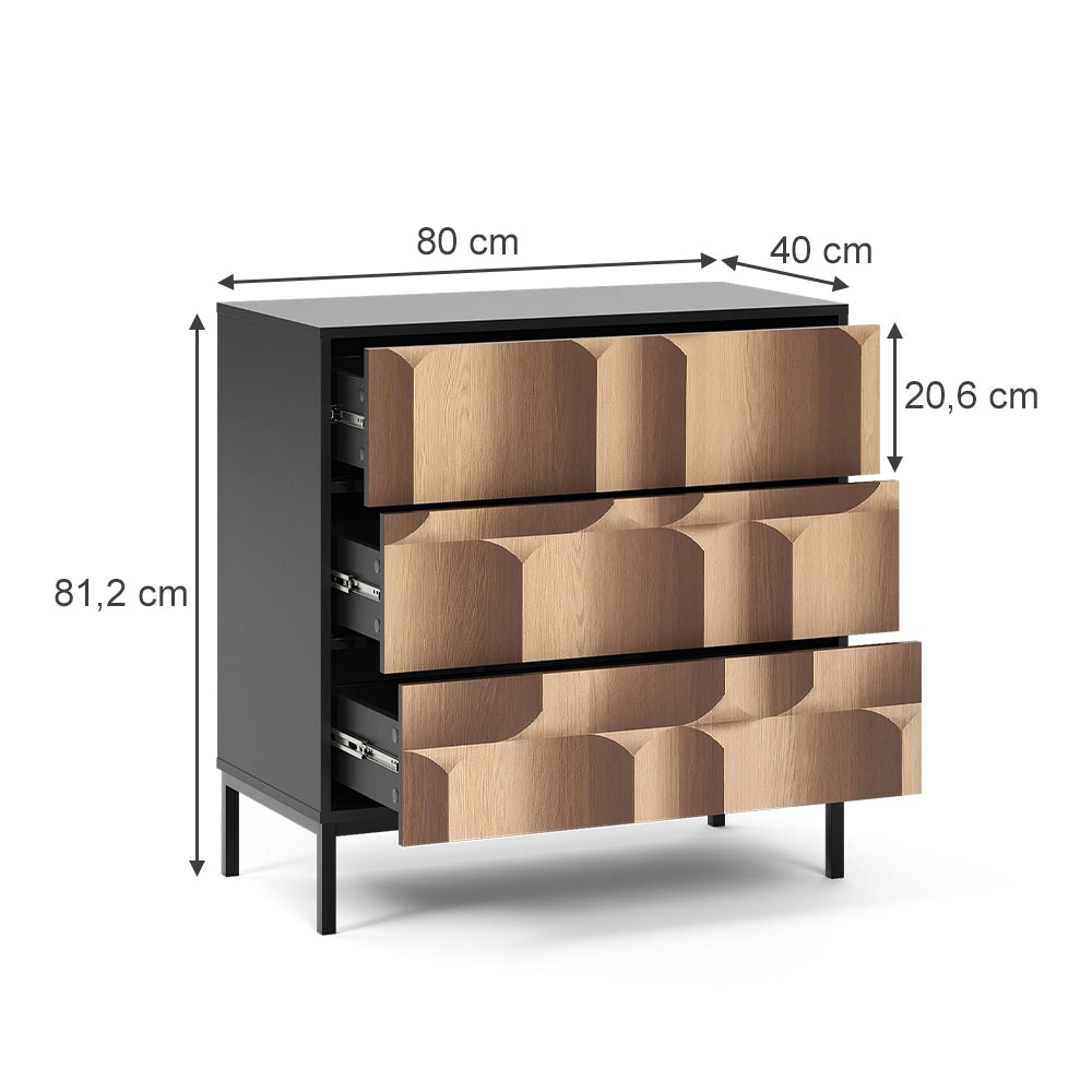 Vicco Cassettiera Nero/quercia 80 x 81.2 cm con 3 cassetti
