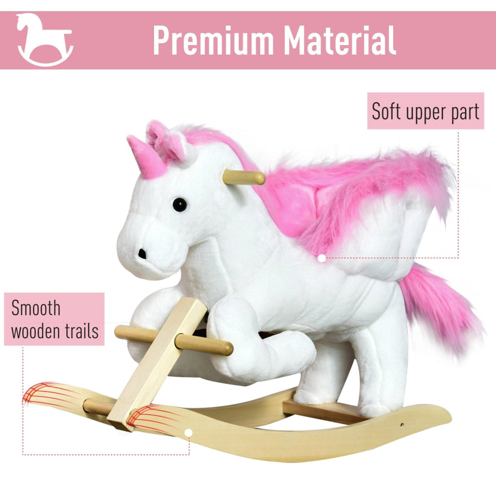 Cavallo a Dondolo Unicorno per Bambini in Legno e Peluche Unicorno Bianco