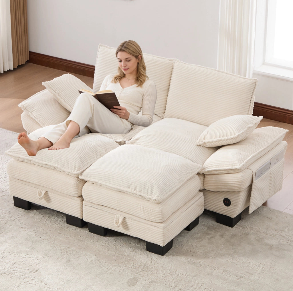 Divano modulare 2 posti in velluto a coste beige con 2 pouf