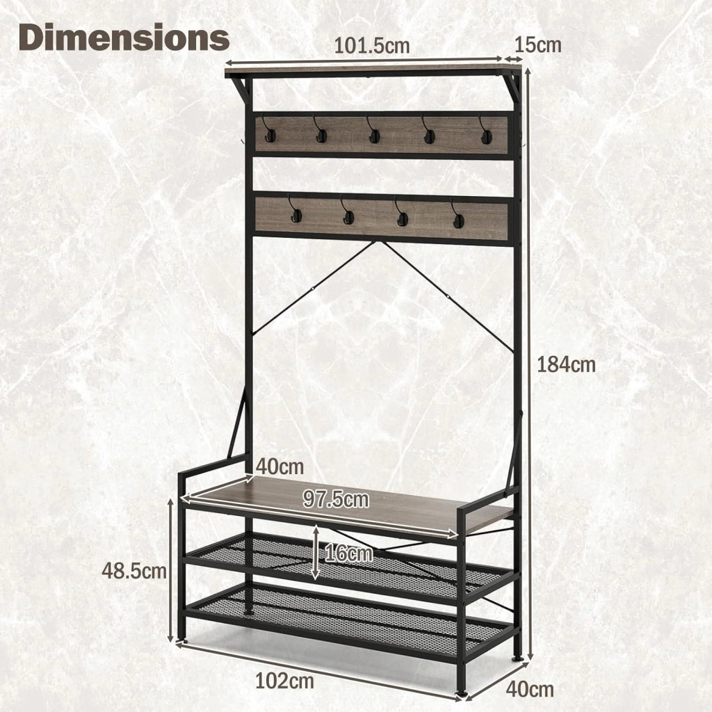 Porta Abiti 4-in-1, Albero da Ingresso Autoportante con Scaffale per Scarpe e 11 Ganci, Struttura in Metallo e Kit Antiribaltamento, Organizzatore per Soggiorno Industriale con Panca (Grigio)