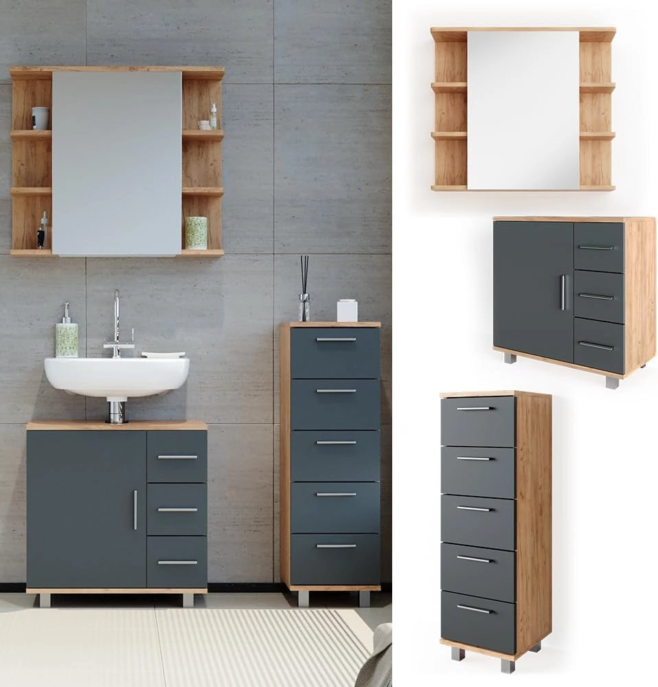 Set mobili bagno Ilias, Rovere, 60 cm, composto da mobile sottolavabo, specchiera e mobile medio
