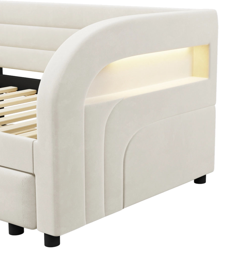 Letto 90x200 cm con letto estraibile e LED in flanella beige