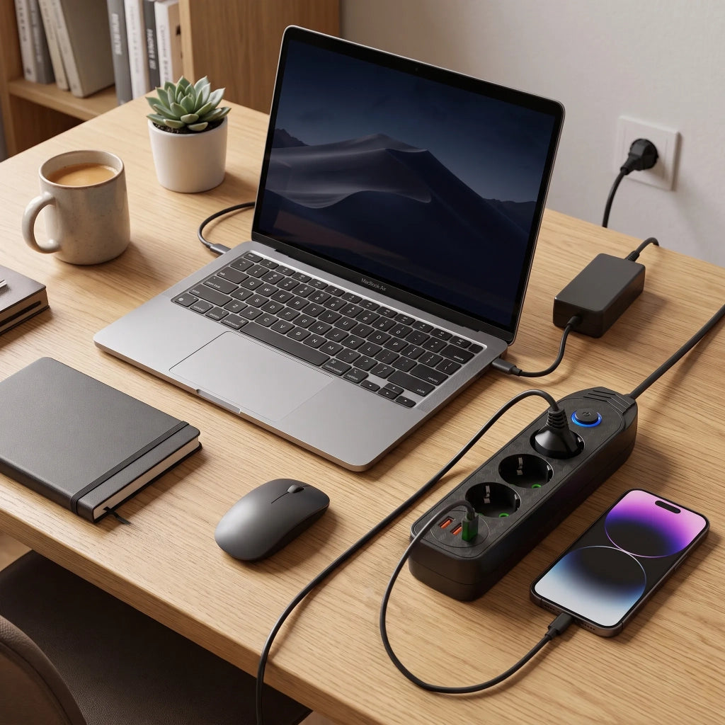 Multipresa Con Prolunga, 3 Prese + 2 Porte Usb-a + Usb-c Jnh024-3b Black