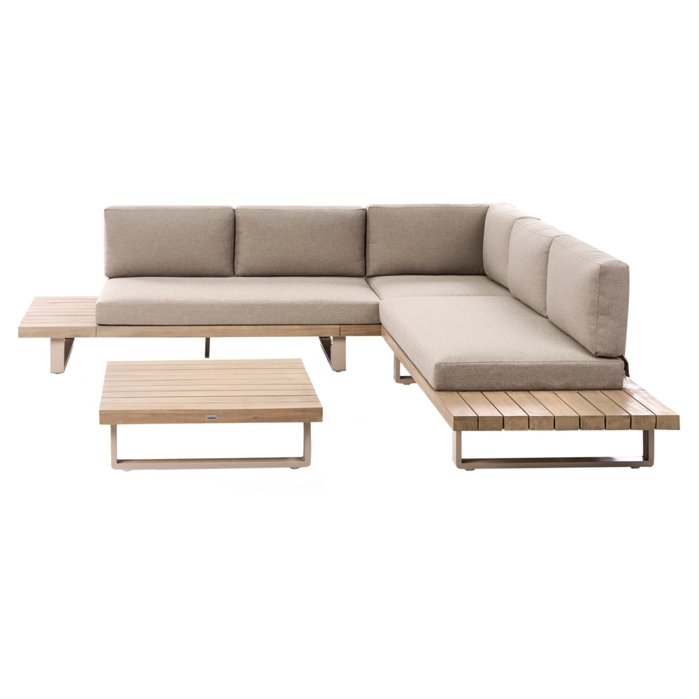 Set di divani angolari da giardino color taupe e marrone chiaro 5 posti a sedere bassi con tavolino da caffè