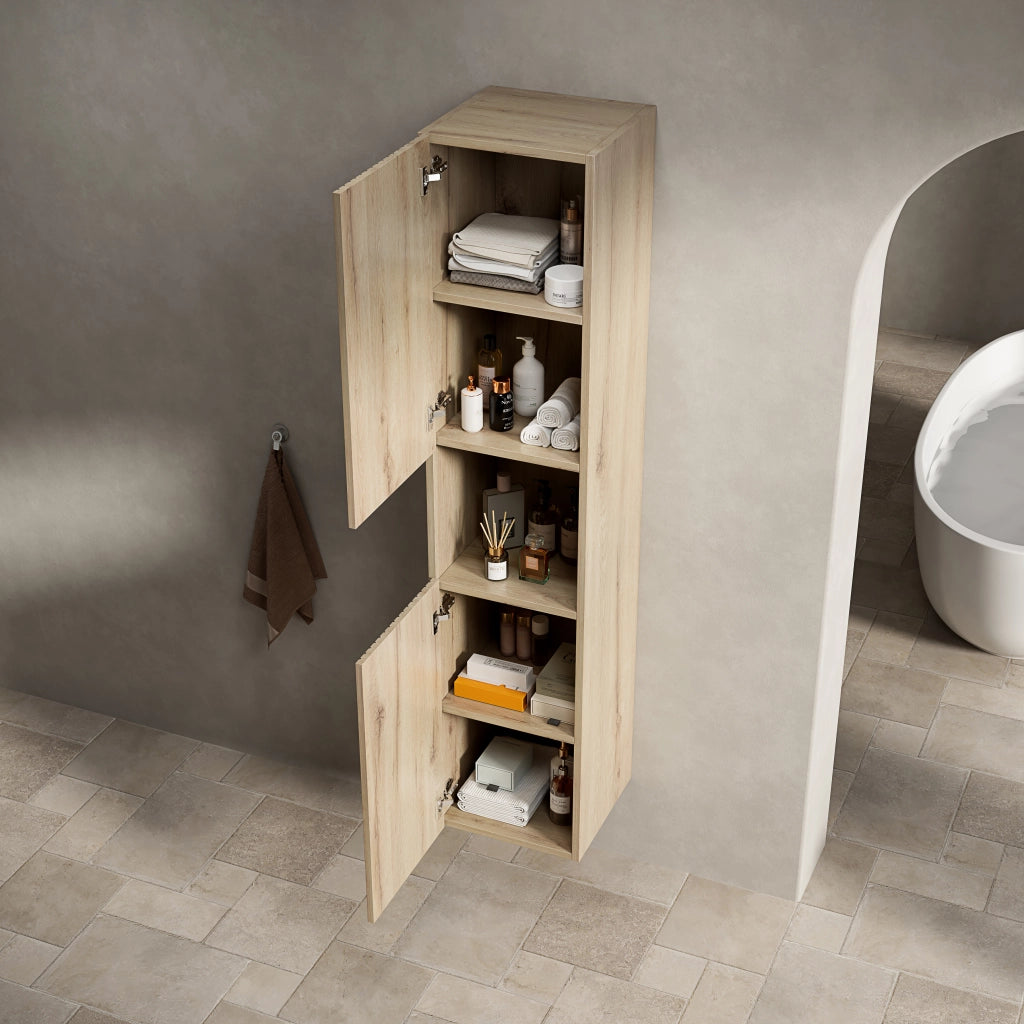 Armadietto da bagno con 2 ante, vano aperto e ripiani regolabili, in compensato, per bagno, rovere bianco, 160 cm