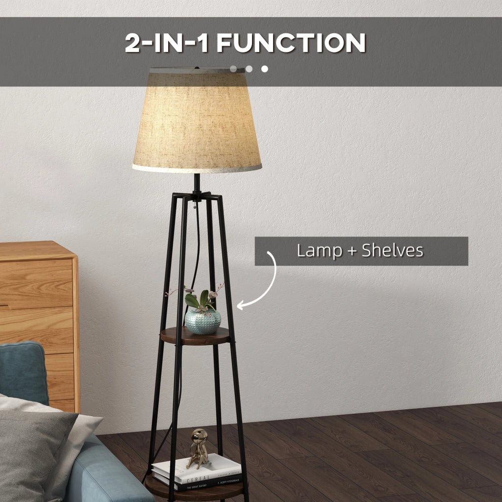 EasyComfort Lampada da Terra a 2 Ripiani in Metallo e MDF con Paralume in Tessuto, Ø42x166 cm, Nero e Marrone