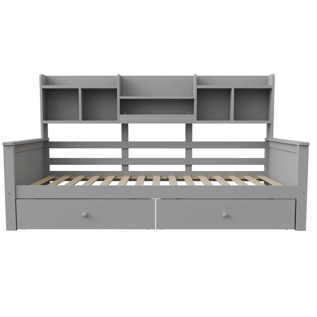 Letto divano 90x200 cm grigio con cassetti e ripiani laterali