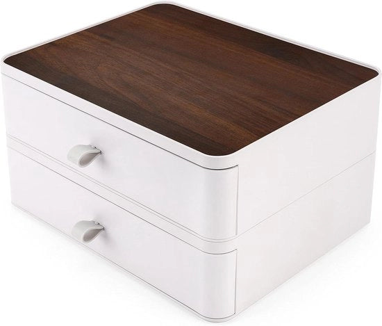 Organizzatore da Scrivania con Effetto Legno e 2 Cassetti Bianchi - Cassetto in PP per Caddy di Stoccaggio - Supporto da Scrivania per Materiali da Ufficio, Scrittoi, Pennarelli, Cosmetici, Articoli di Casa Essentials