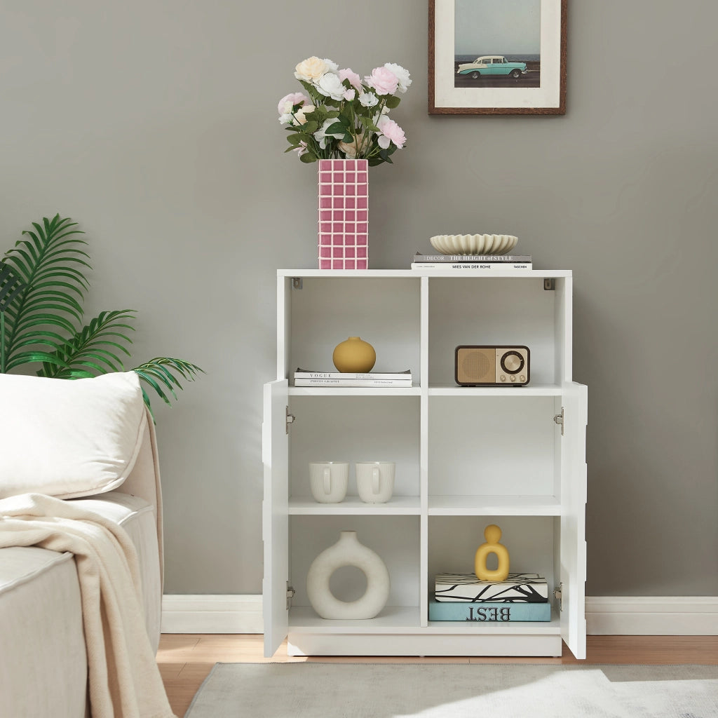 Armadio Comò Alto Bopibobro a 2 Ante Credenza con 2 Ripiani Aperti e 4 Vani Chiusi 86 x 64 x 36 cm - Bianco [en.casa]