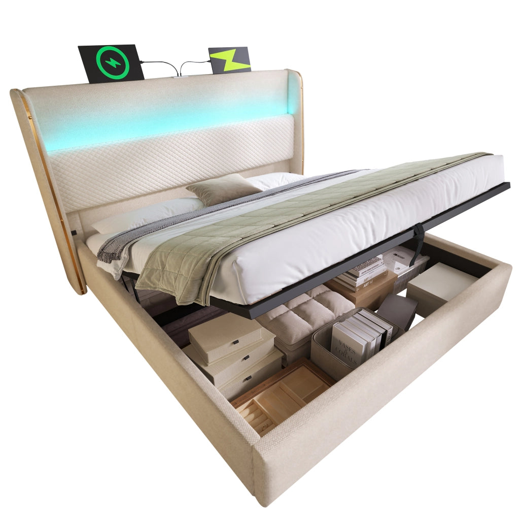 Letto matrimoniale idraulico 140x200 cm con testiera alta; LED; USB e Type-C; beige in lino