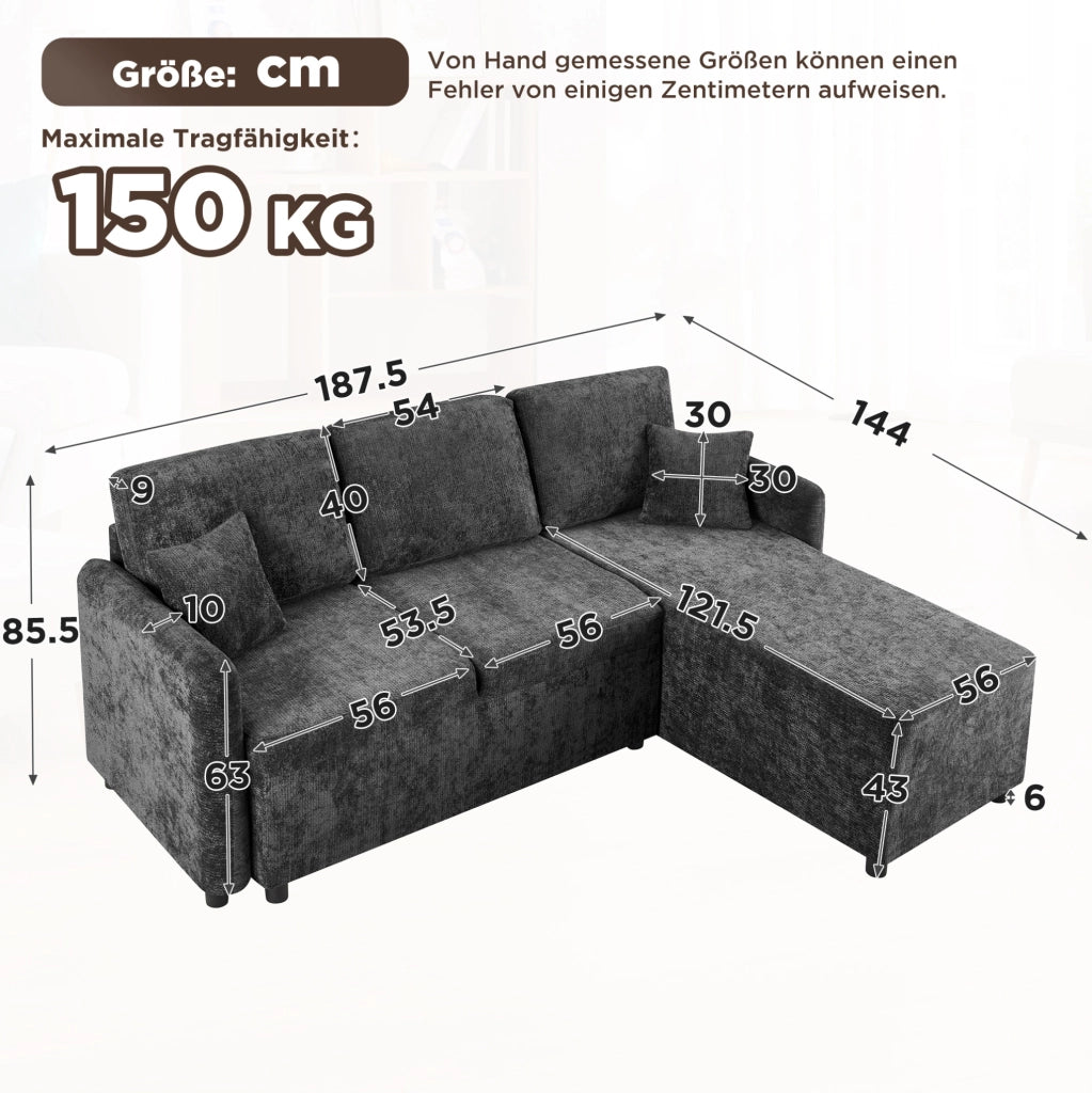 Divano angolare 3 posti a L in chenille nero; con chaise longue integrata e 2 cuscini