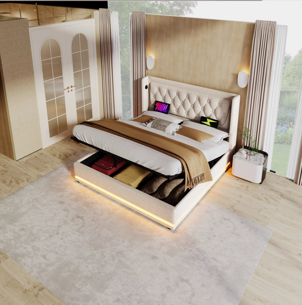 Letto matrimoniale 160x200 cm imbottito beige con contenitore; LED a 3 lati e porte USB/Type-C; con materasso